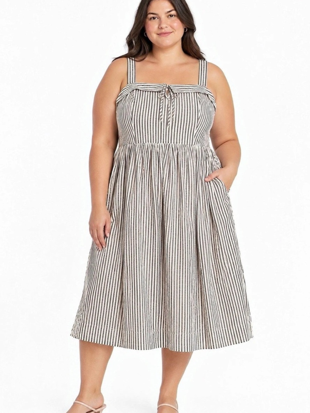 Ava & Viv Women's Wide Strap Scoop Tie-Front Midi A-Line Dress Stripe Size 3X
